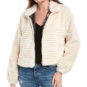 Jason Wu Stand Collar Faux Fur Jacket Women’s Large Cream Textured Zipper New